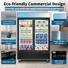 ORIKOOL Glass Door Merchandiser Freezer 44.7 Cu.ft Swing Door Commercial Reach-In Display Freezers with LED Top Panel Upright Freeze Storage