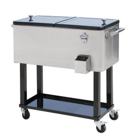 Outsunny 80 QT Rolling Cooling Bins Ice Chest on Wheels Outdoor Stand Up Drink Cooler Cart for Party, Silver (Color: as Pic)